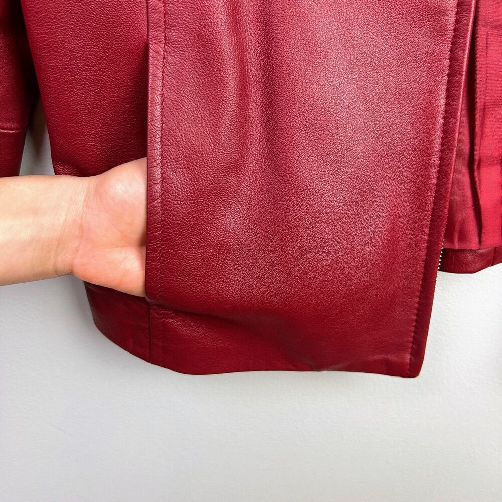 Casual Corner Annex Petite 90's Red Leather Jacket Zip Front Racing Lined M - Picture 5 of 16
